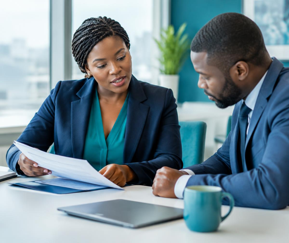 An HR consultant reviewing documents with a business executive